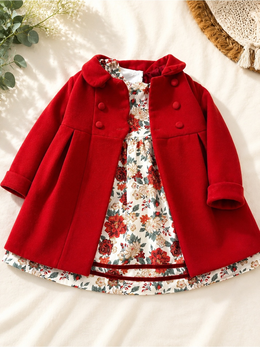Girls' Red Dress Coat with Floral Lining
